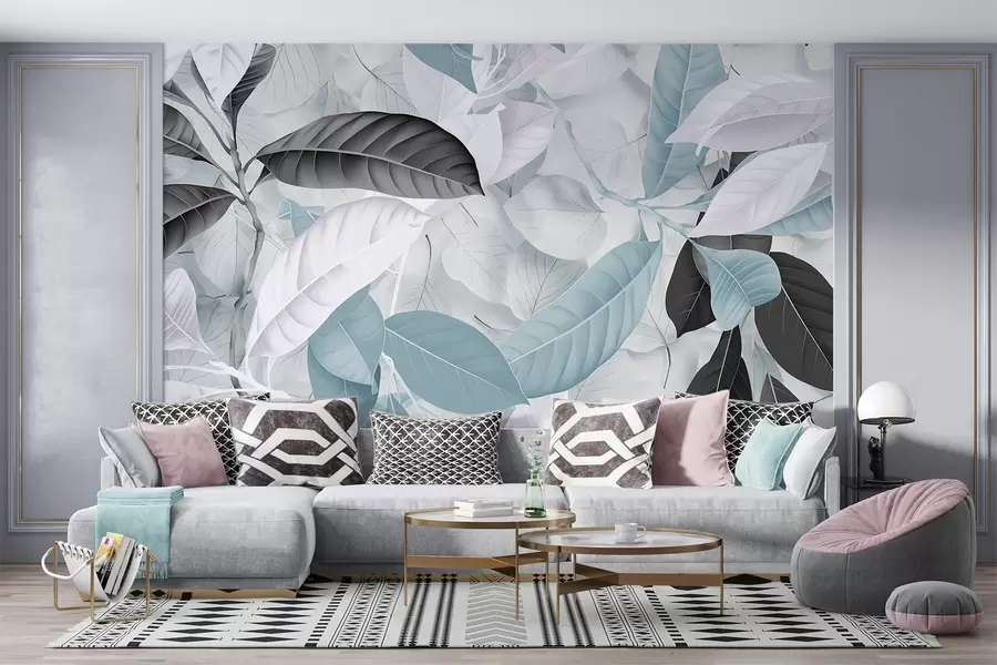 Fototapet Velký potisk modrých a šedých listů na pozadí se strukturou světlých listů vytváří svěží tropický dojem w08468v1