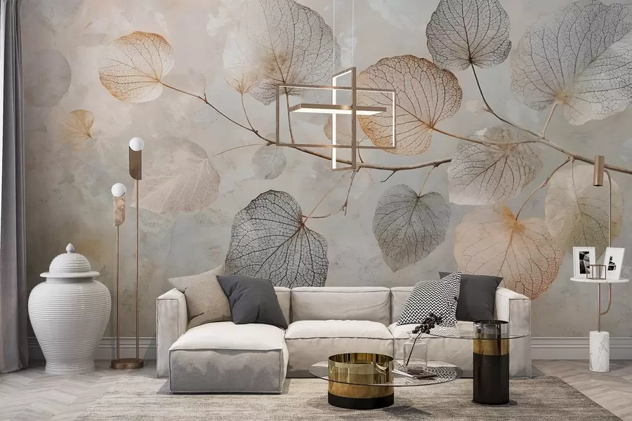 Fototapet Jemné listy se složitými žilkami a jemnými, tlumenými barvami na světlém texturovaném pozadí w08469