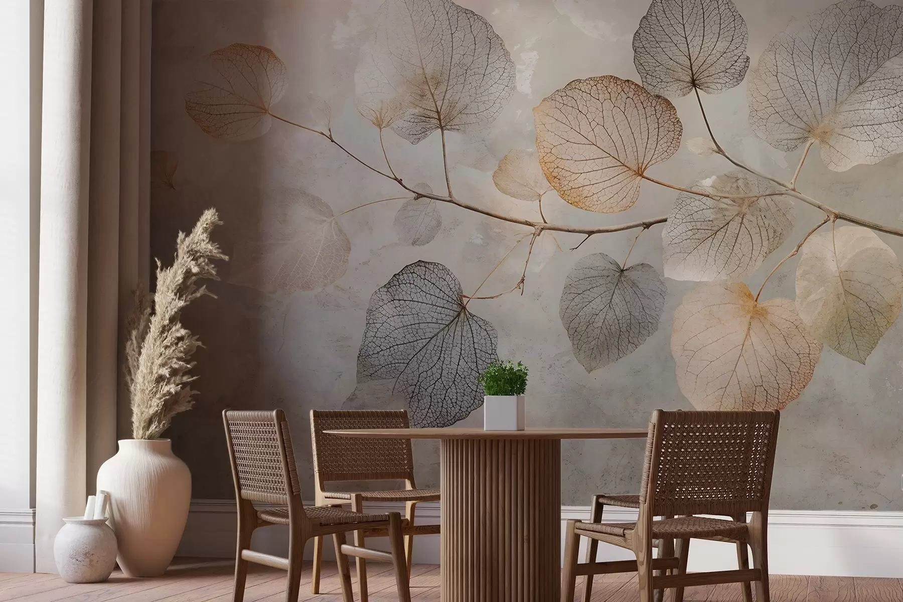 Fototapet Jemné listy se složitými žilkami a jemnými, tlumenými barvami na světlém texturovaném pozadí w08469