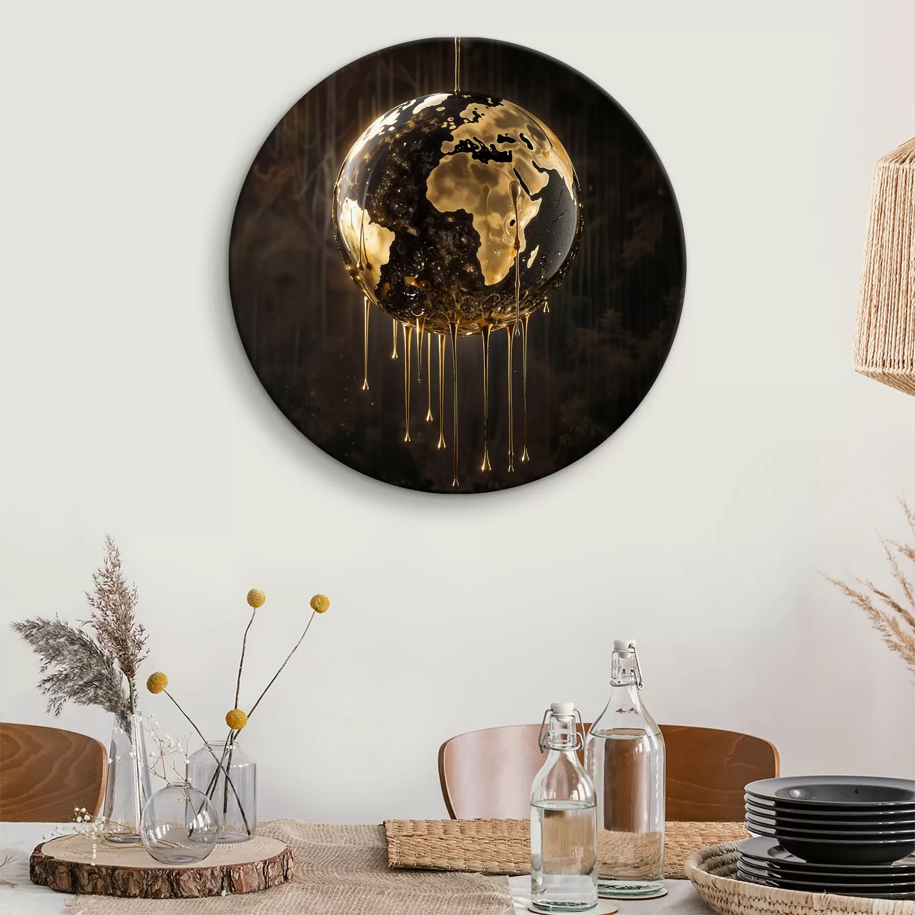 Obraz Svítící glóbus zobrazující Zemi obklopenou kapající kapalinou na tmavém pozadí Č. r38983