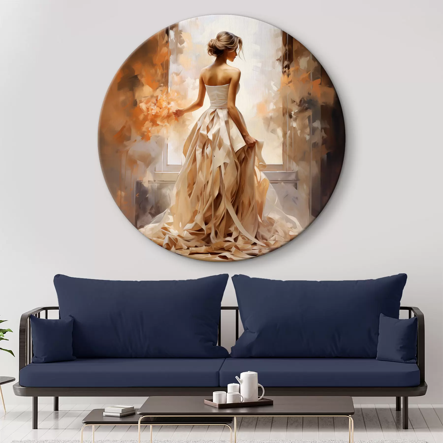 Obraz Dívka v bílých svatebních dlouhých šatech stojí u okna mezi ohněm a maluje ručně Č. r39125