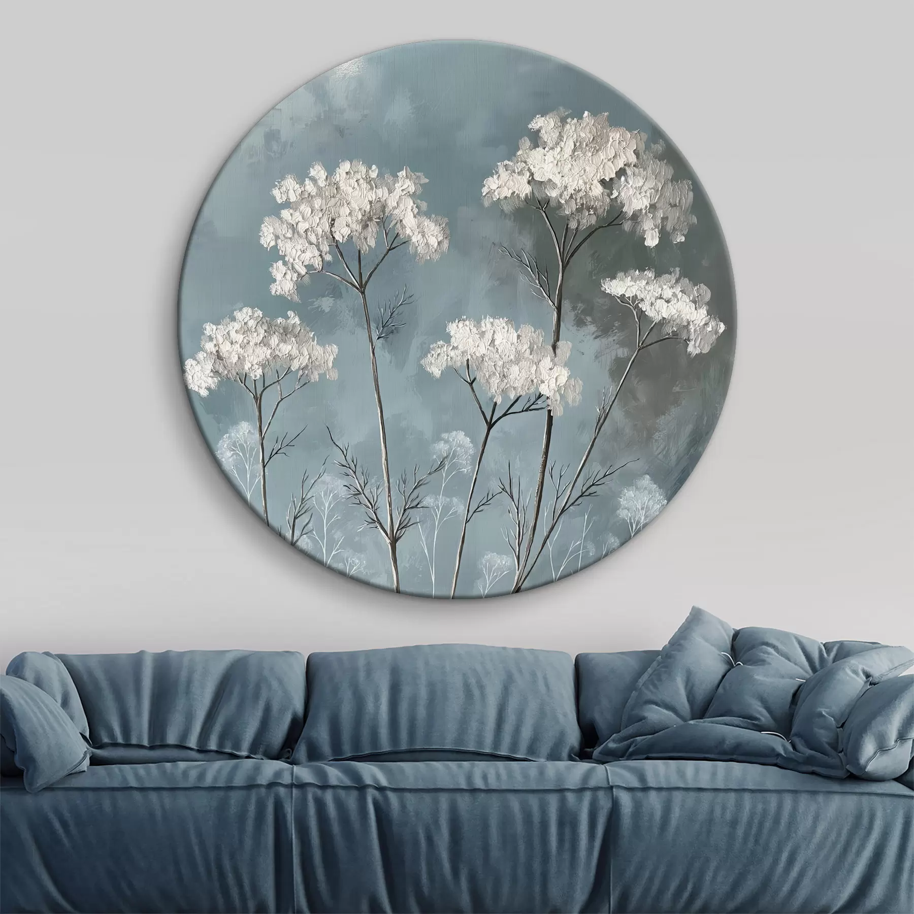 Obraz olejomalba jemných bílých květů na modrém pozadí Č. r39325