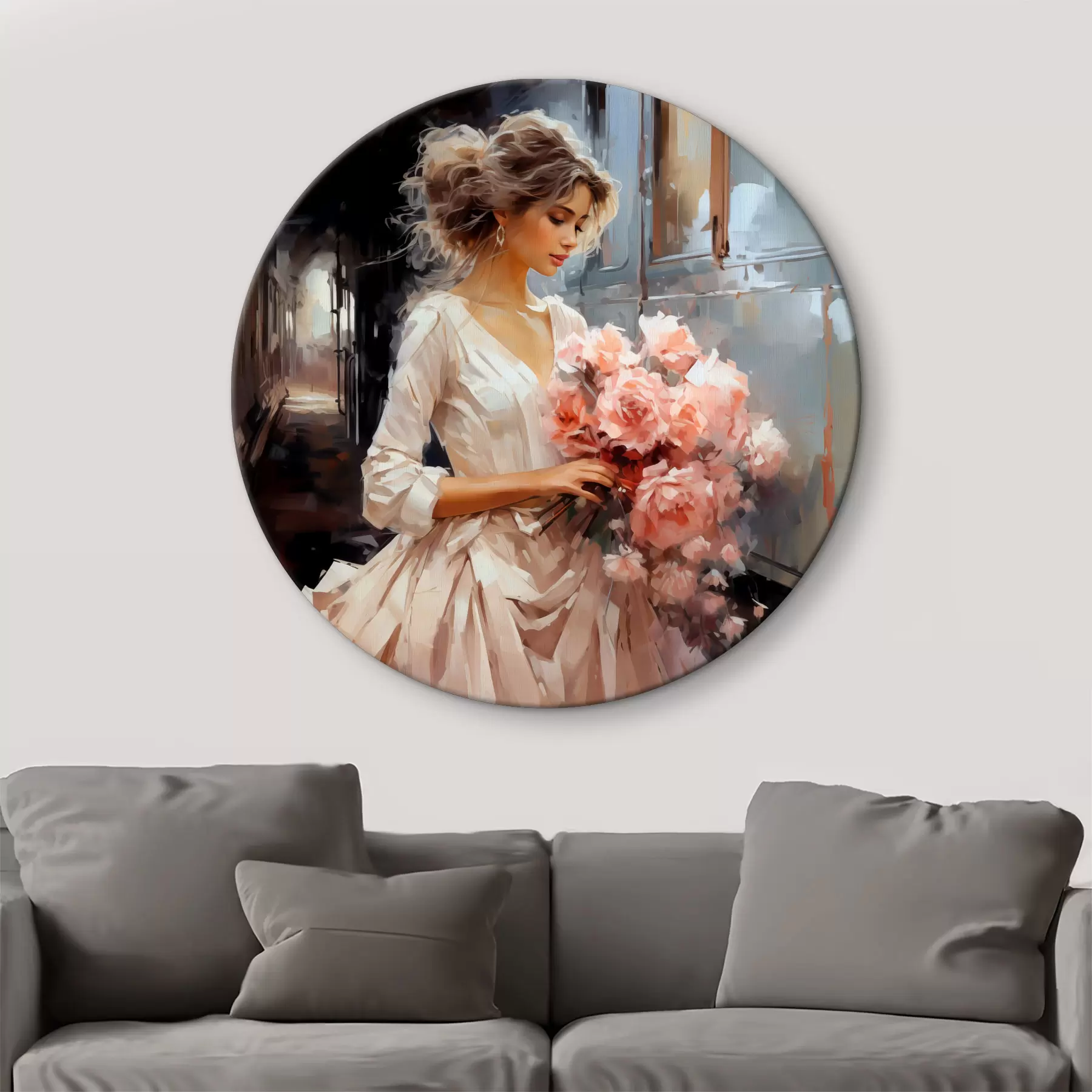 Obraz Dívka v bílých šatech na nádraží drží v rukou olejomalbu kytici růžových růží Č. r39438