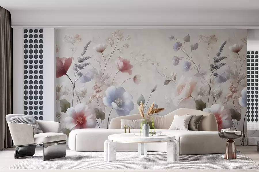 Fototapet jemné divoké květiny v pastelových barvách na texturovaném pozadí w02454