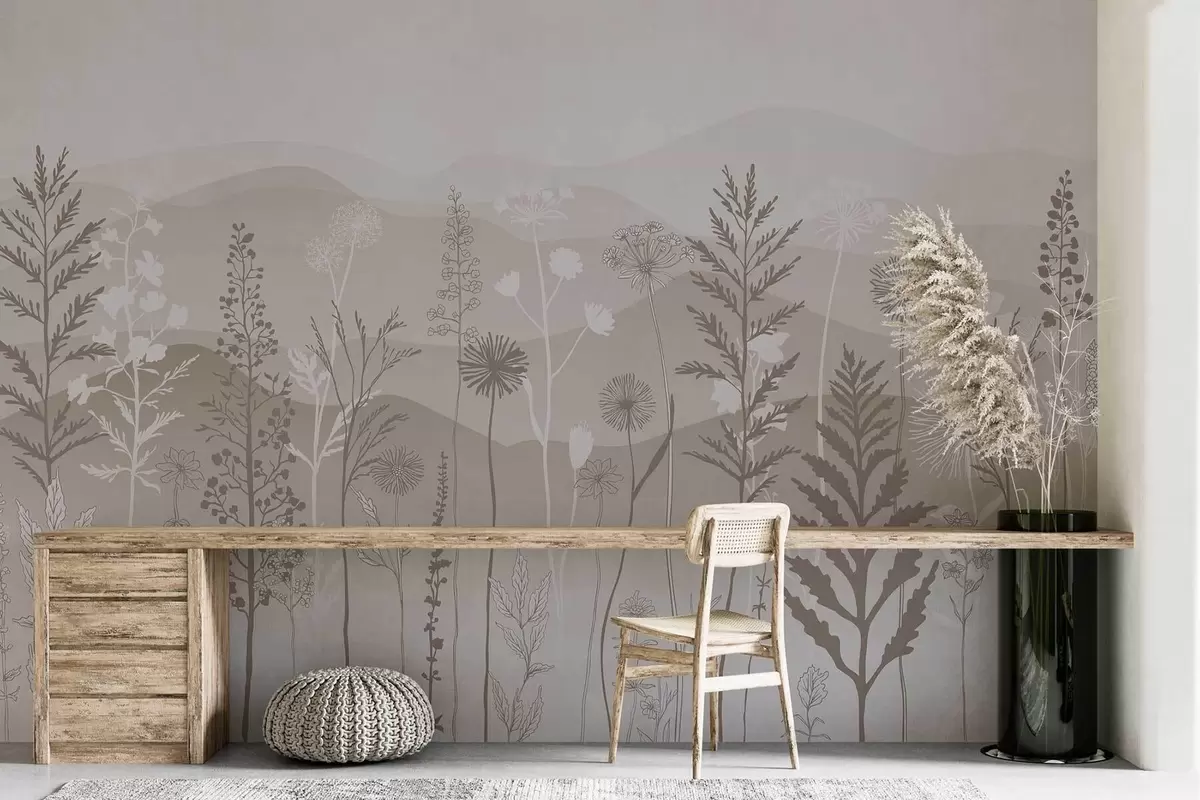 Fototapet tapety v ekologickém stylu, divoké květiny ve světle hnědých tónech w02443v1