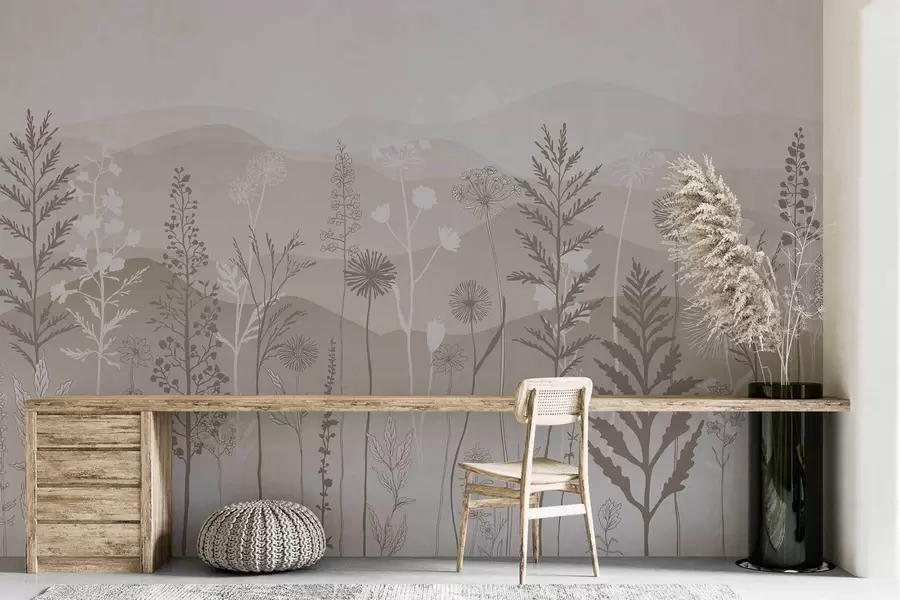 Fototapet tapety v ekologickém stylu, divoké květiny ve světle hnědých tónech w02443v1