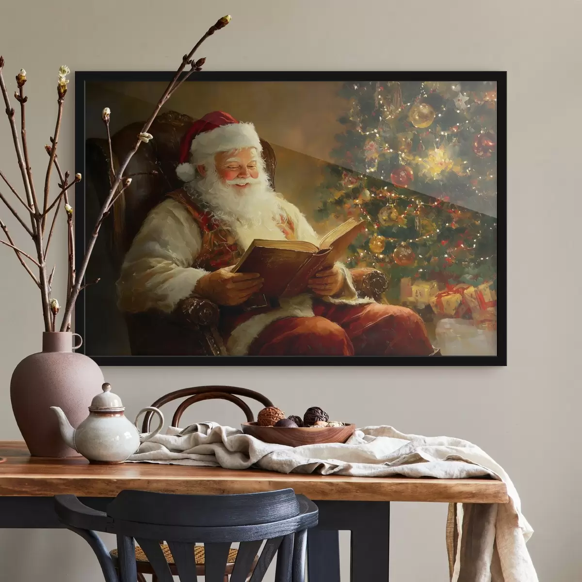 Poster Santa Claus si čte knihu u vánočního stromku f42100