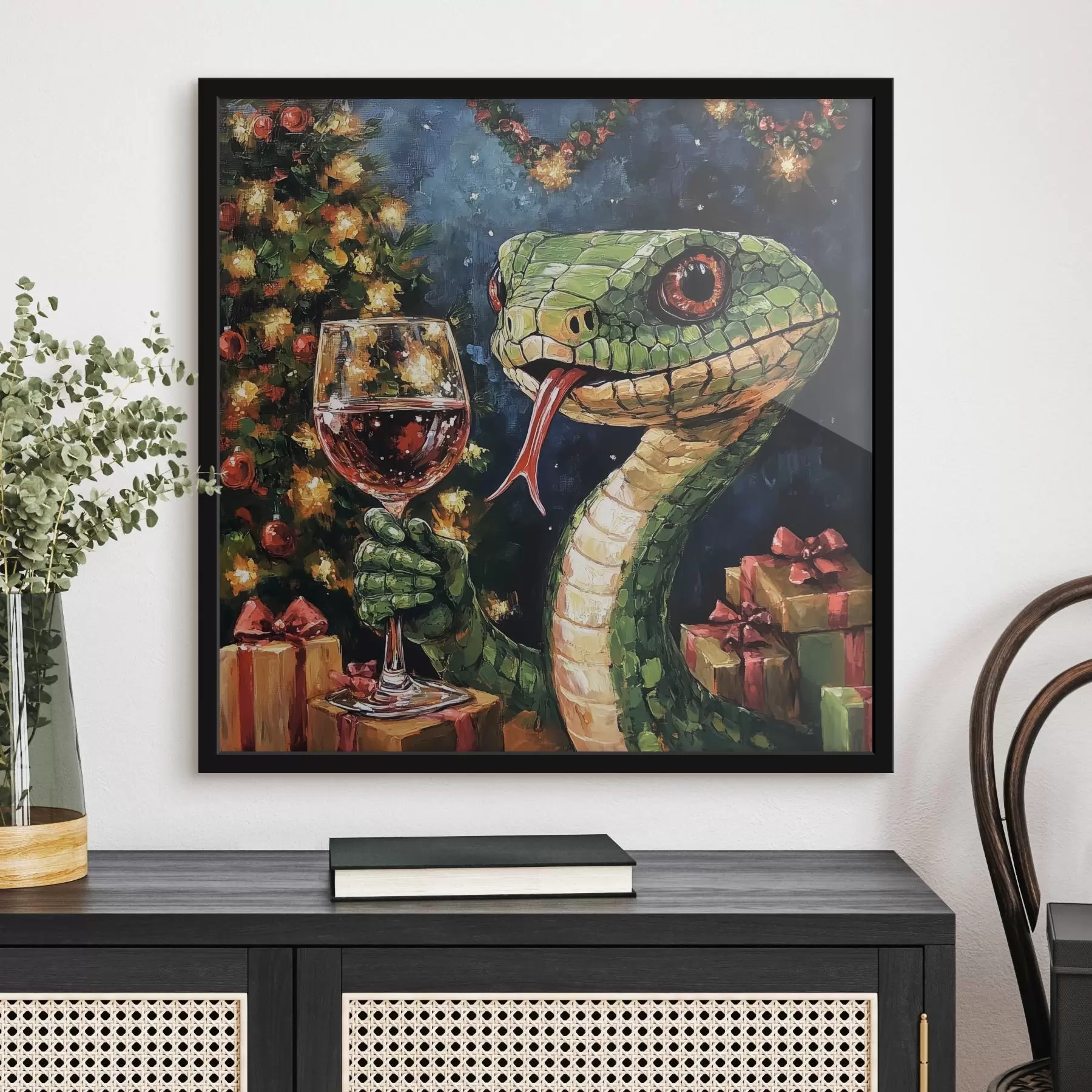 Obraz Had se sklenkou vína slaví příchod nového roku Č. f42106