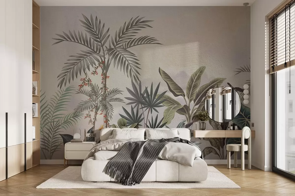 Fototapet Tropická džungle s palmami a barevnými ptáky w08496