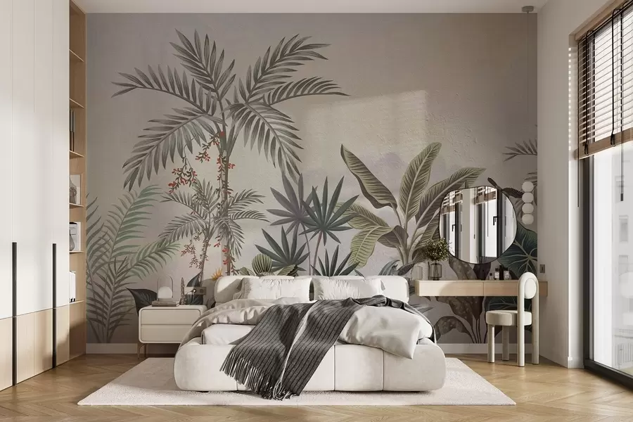 Fototapet Tropická džungle s palmami a barevnými ptáky w08496