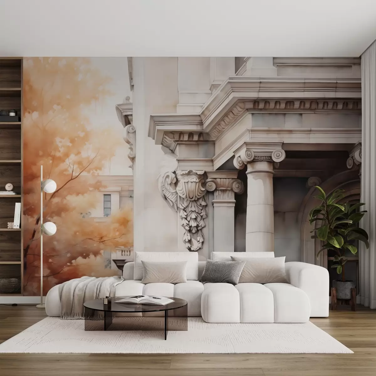 Fototapet Část domu se sloupy vedle stromu imitace akvarelu w02495