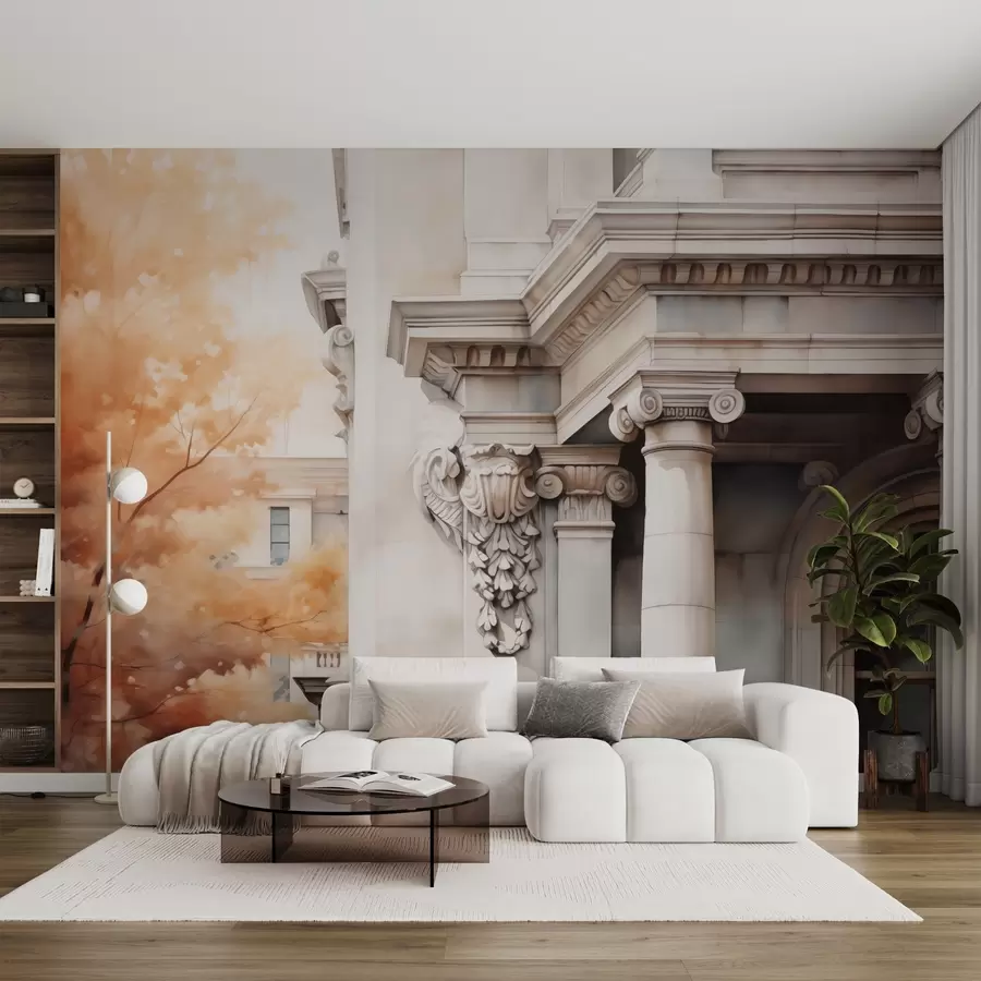 Fototapet Část domu se sloupy vedle stromu imitace akvarelu w02495