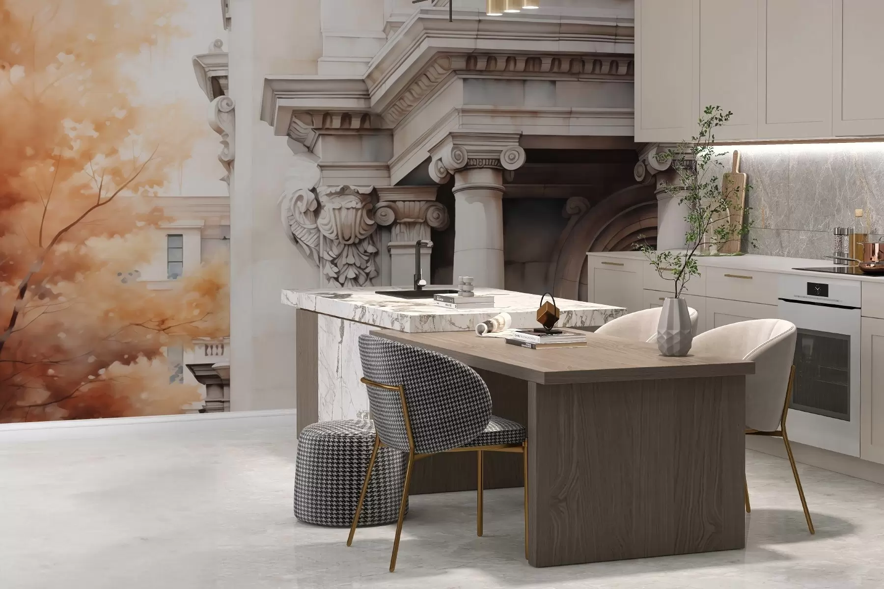 Fototapet Část domu se sloupy vedle stromu imitace akvarelu w02495