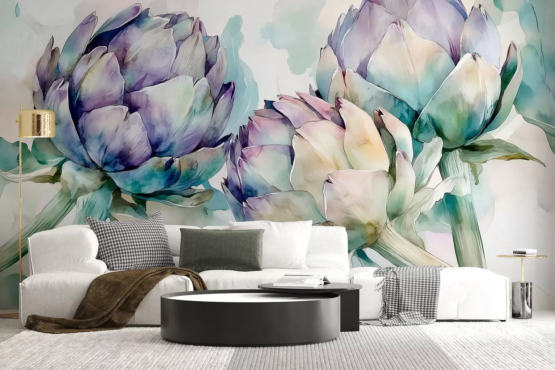 Fototapet Artyčoky akvarelový styl, květiny, růžová a zelená w02481v1