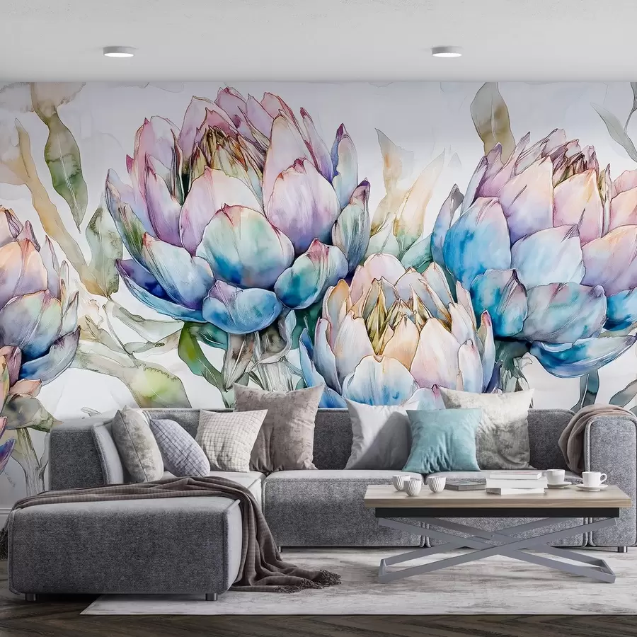 Fototapet Kresba artyčoků, akvarelový styl, květinová, fialová, béžová, zelená w02484