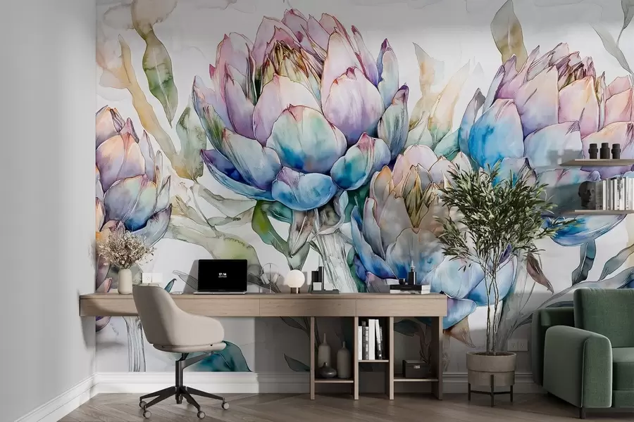 Fototapet Kresba artyčoků, akvarelový styl, květinová, fialová, béžová, zelená w02484