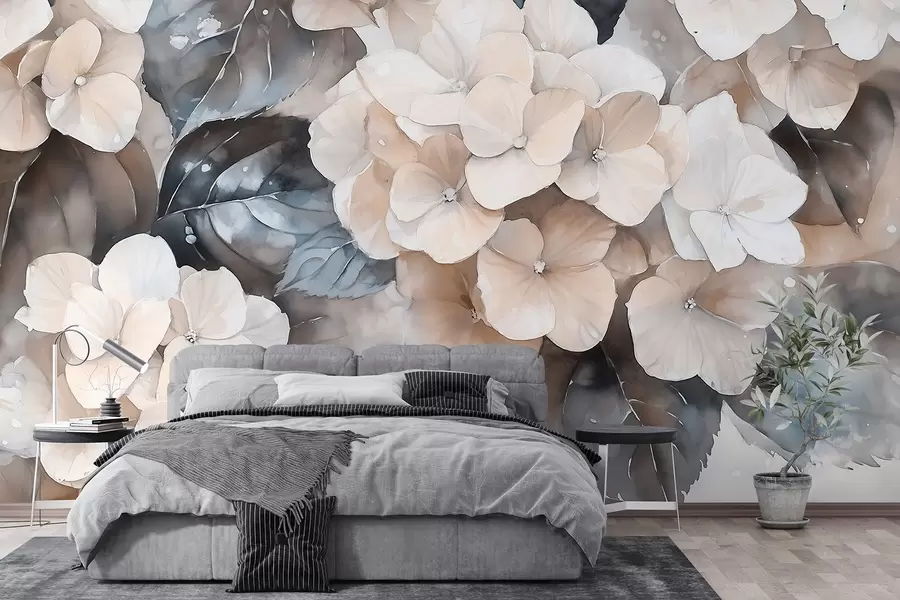 Fototapet Květy hortenzie, akvarelový styl kresby, béžové barvy, květinové w02488