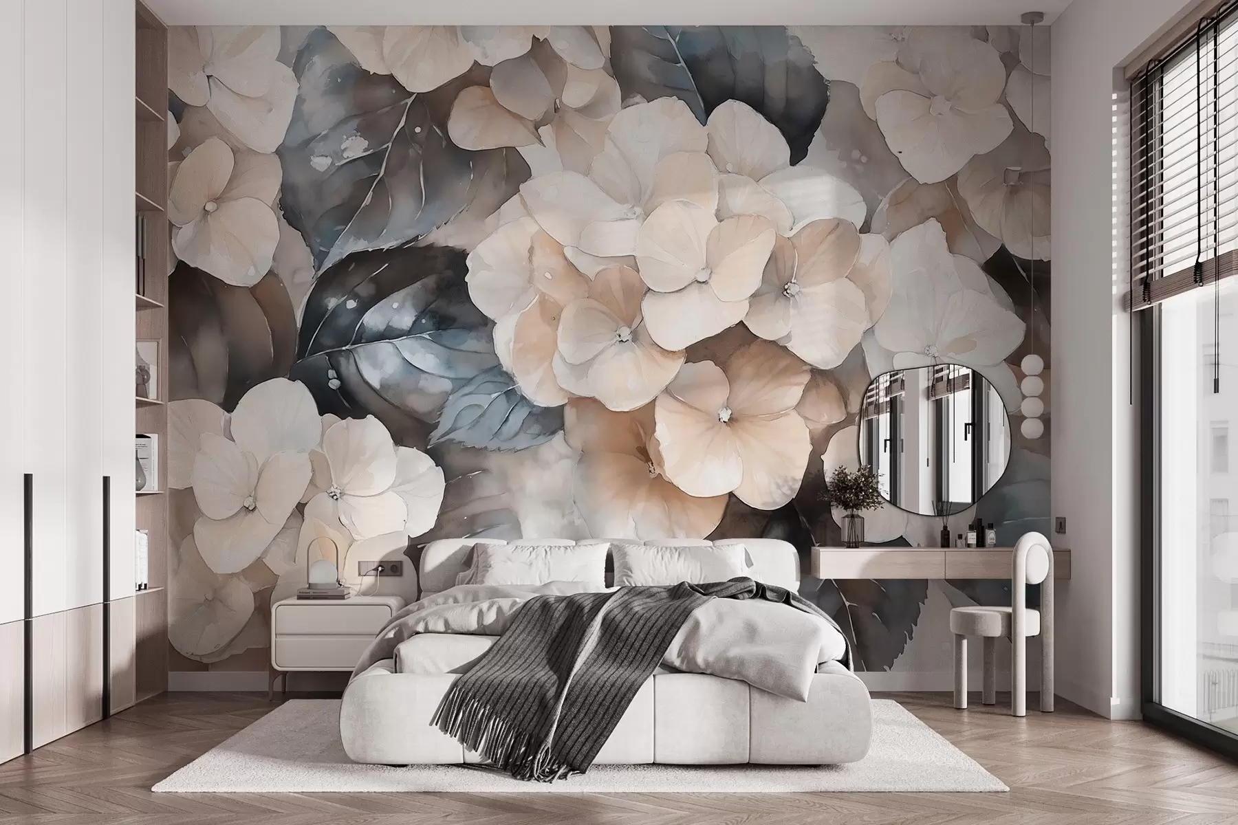 Fototapet Květy hortenzie, akvarelový styl kresby, béžové barvy, květinové w02488