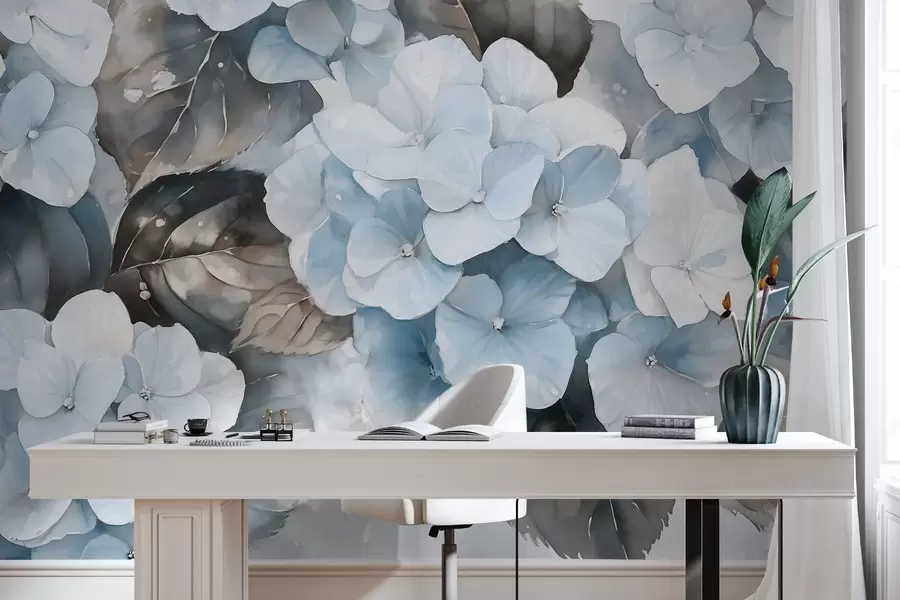 Fototapet Květy hortenzie, akvarelový styl kresby, modré barvy, květinové w02488v1