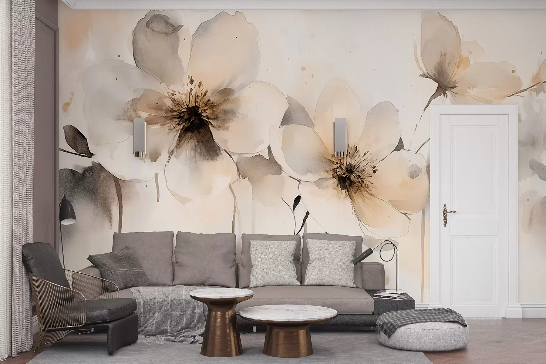 Fototapet Luční květiny, kresba ve stylu akvarelu, béžová paleta barev  w02489