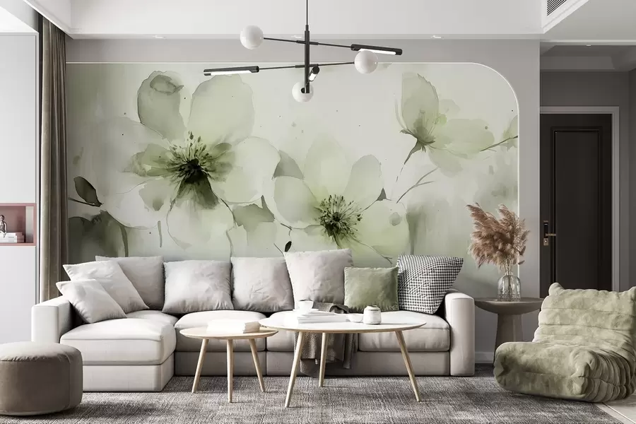 Fototapet Luční květiny, akvarelový styl kresby, paleta zelených barev  w02489v1