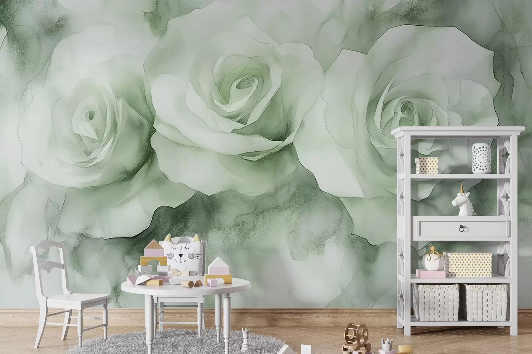 Fototapet Krásné růže, akvarelový styl, zelené barvy, bohémský w02492v2