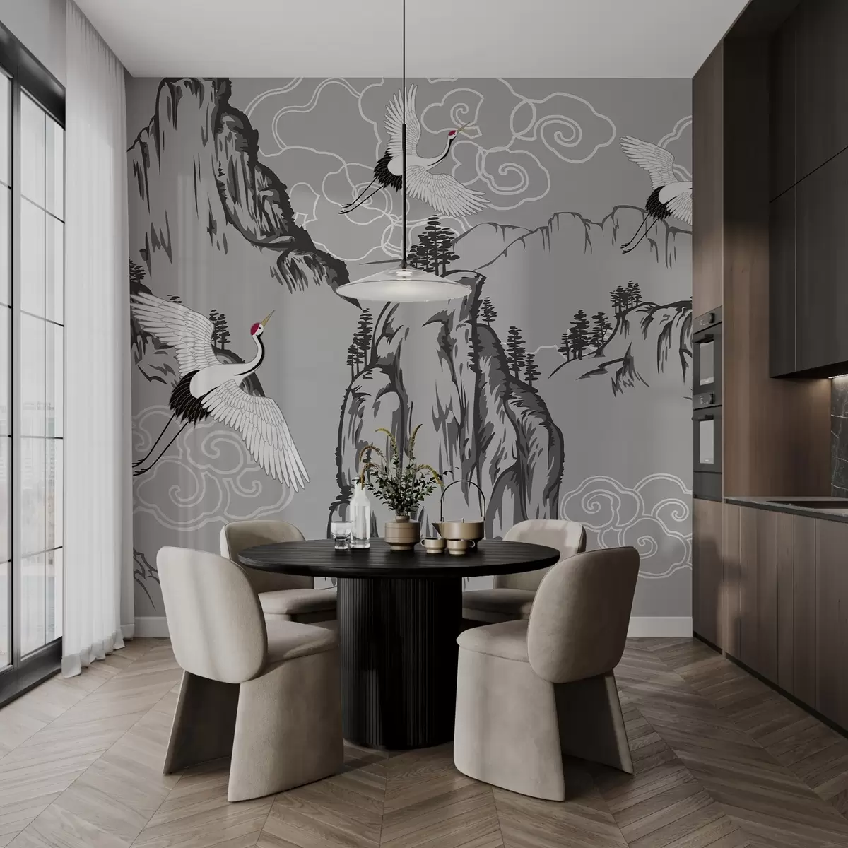 Fototapet Hory a jeřábi v japonském stylu, v šedých tónech w02544v1