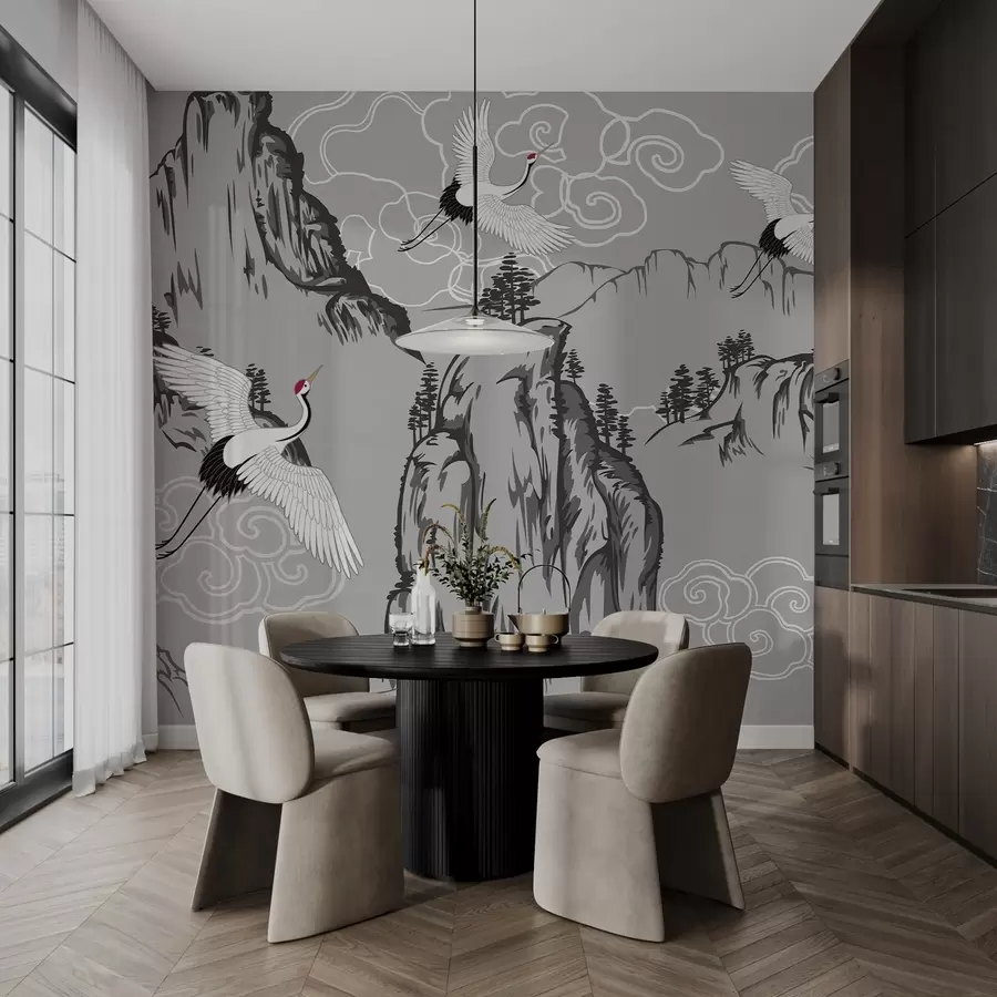 Fototapet Hory a jeřábi v japonském stylu, v šedých tónech w02544v1