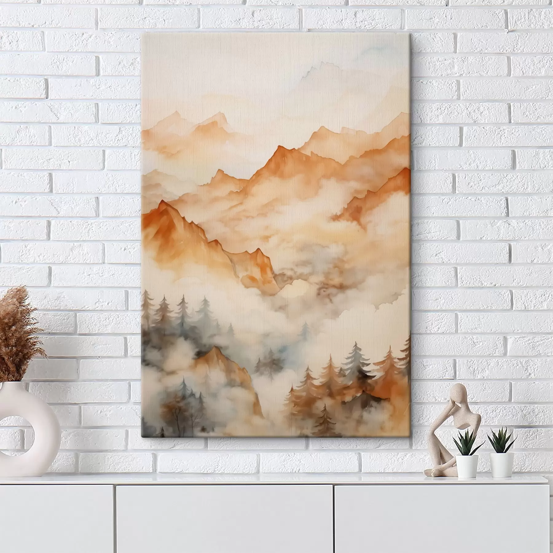 Obraz Les a hory imitující akvarel, oranžové odstíny Č. s42119