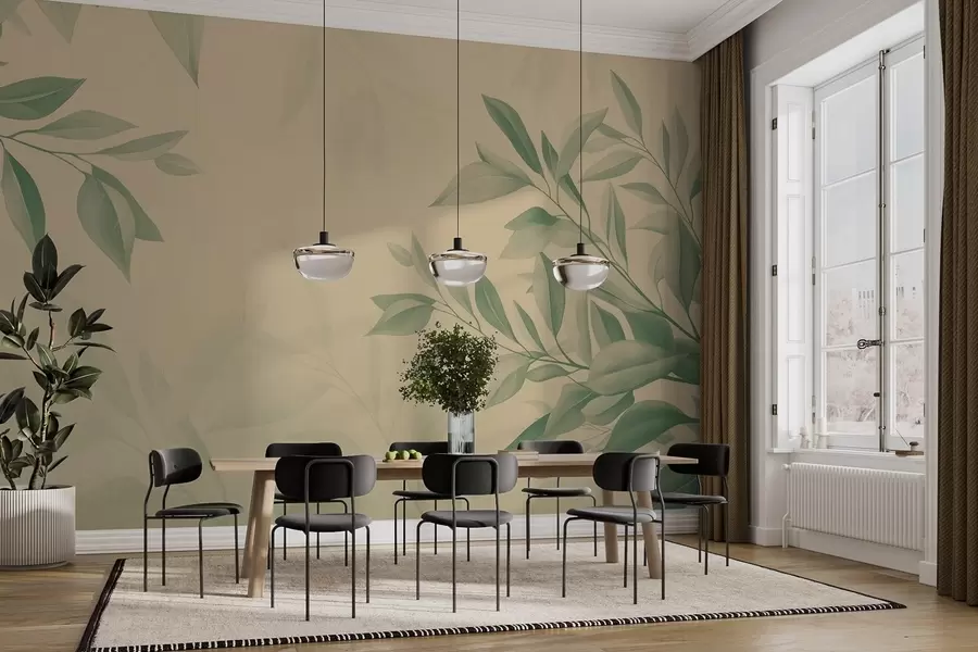 Fototapet Zelené listy s jemným teplým béžovým pozadím w08499v2