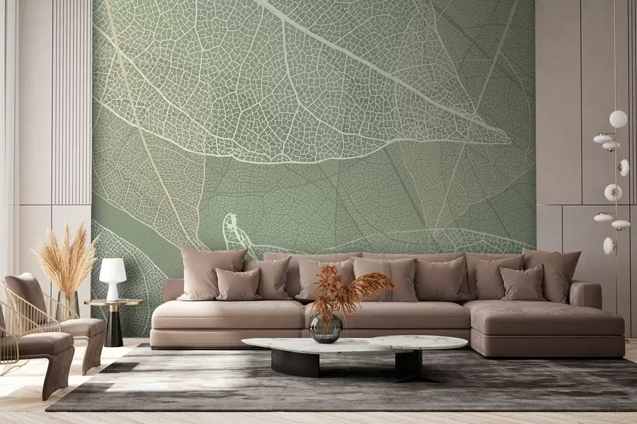 Fototapet detailní záběr listů s žilkami ve světle zelených odstínech w02520