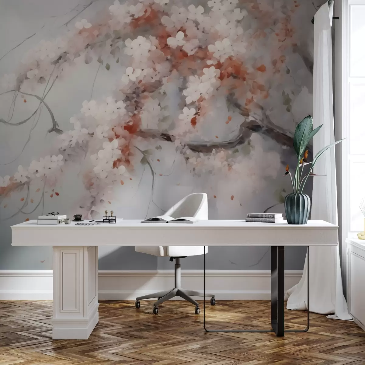 Fototapet Abstraktní větev s bílými a červenými květy imitující malbu w02594