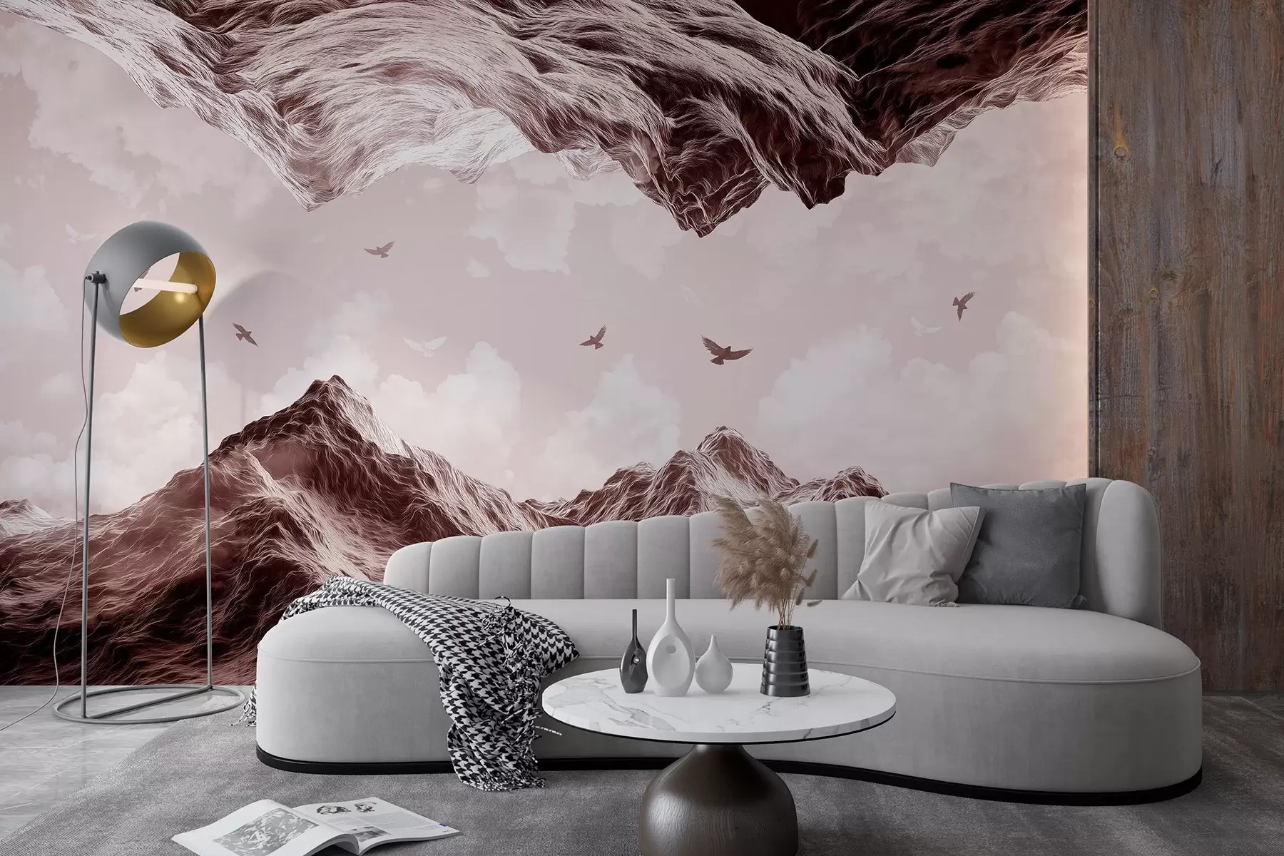 Fototapet Hory krajina, realismus, létající ptáci, příroda, mraky, hnědé barvy w02514v2