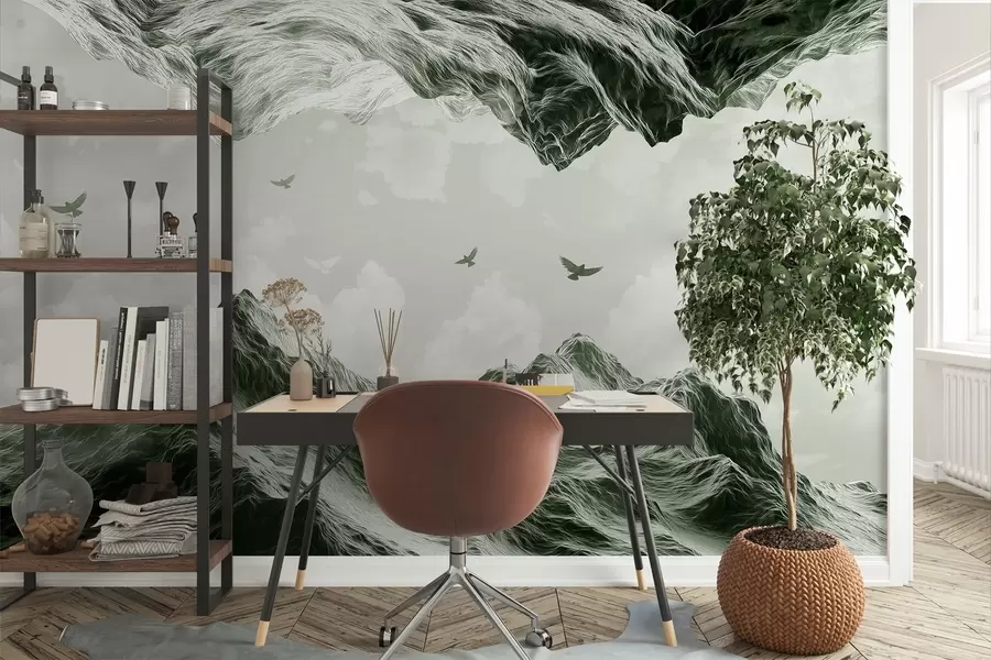 Fototapet Hory krajina, realismus, létající ptáci, příroda, mraky, zelené barvy w02514v3