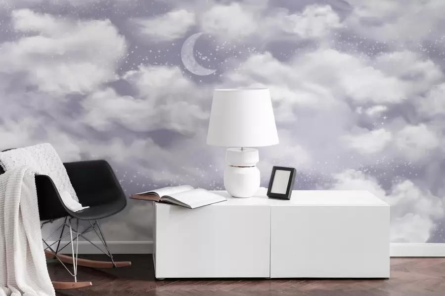 Fototapet Hvězdné nebe s měsícem a mraky, zasněné, éterické, jemné fialové barvy w02515v4