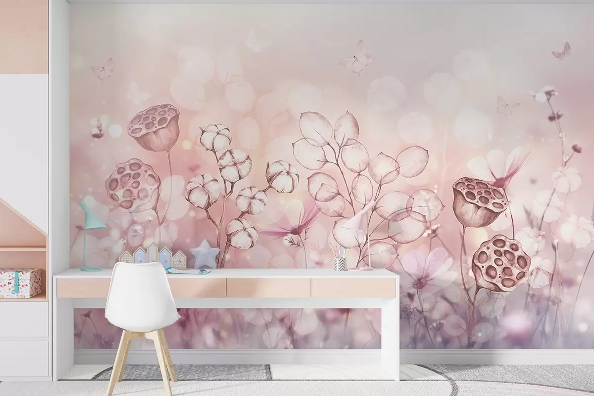 Fototapet Zasněná květinová zahrada, motýl, bavlněné květy, lotosy, růžové barvy w02516