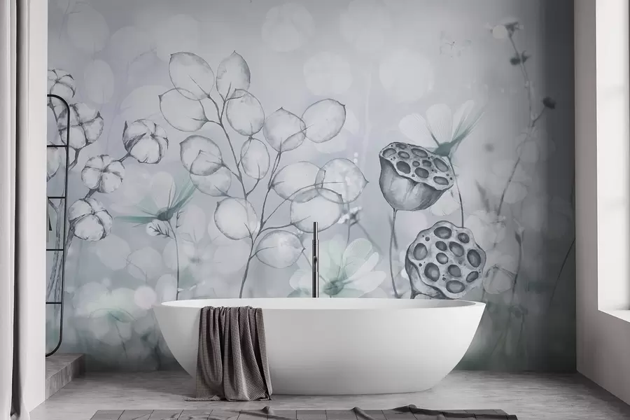 Fototapet Zasněná květinová zahrada, motýl, bavlněné květy, lotosy, šedé barvy w02516v2