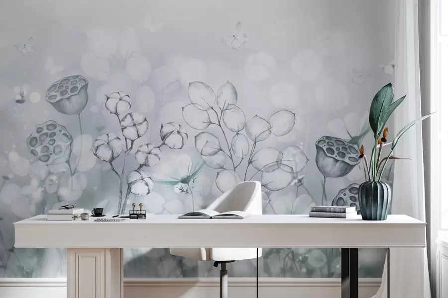 Fototapet Zasněná květinová zahrada, motýl, bavlněné květy, lotosy, šedé barvy w02516v2