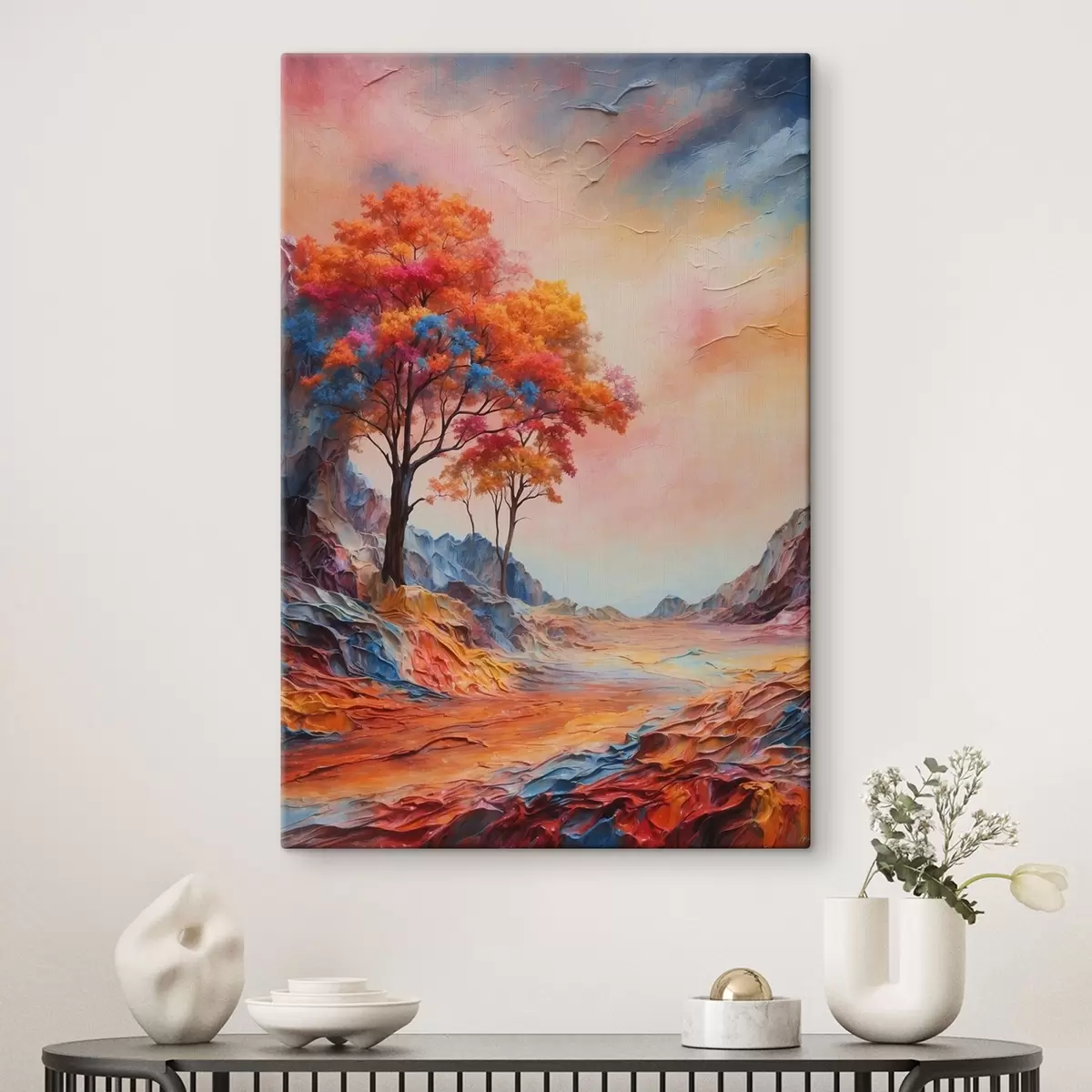 Obraz Stromy a abstraktní pestrobarevné hory Č. s41772