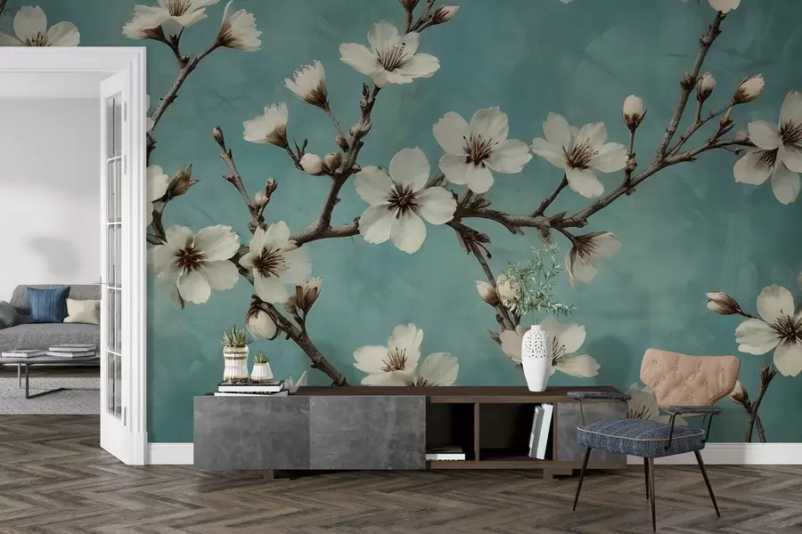 Fototapet Kvetoucí větve na betonovém pozadí w02610