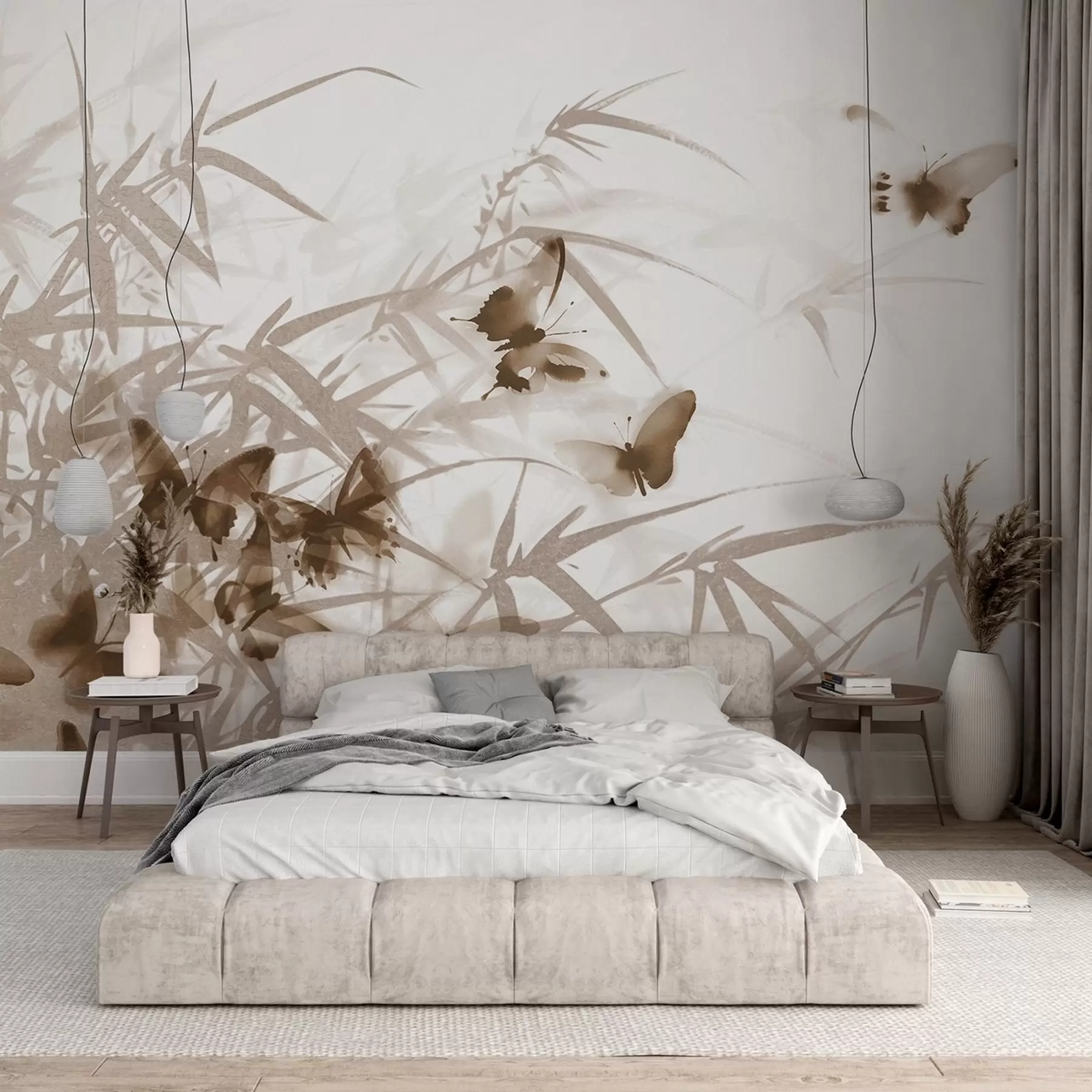 Fototapet Texturní bambusové listy a stonky s létajícími hnědými motýly s průhlednými křídly w08524v1