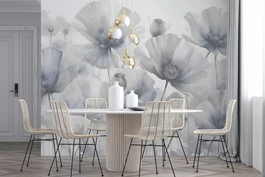 Fototapet Jemné texturní grunge šedé a bílé květy s jemnými, rozmazanými okvětními lístky na bílém pozadí w08526