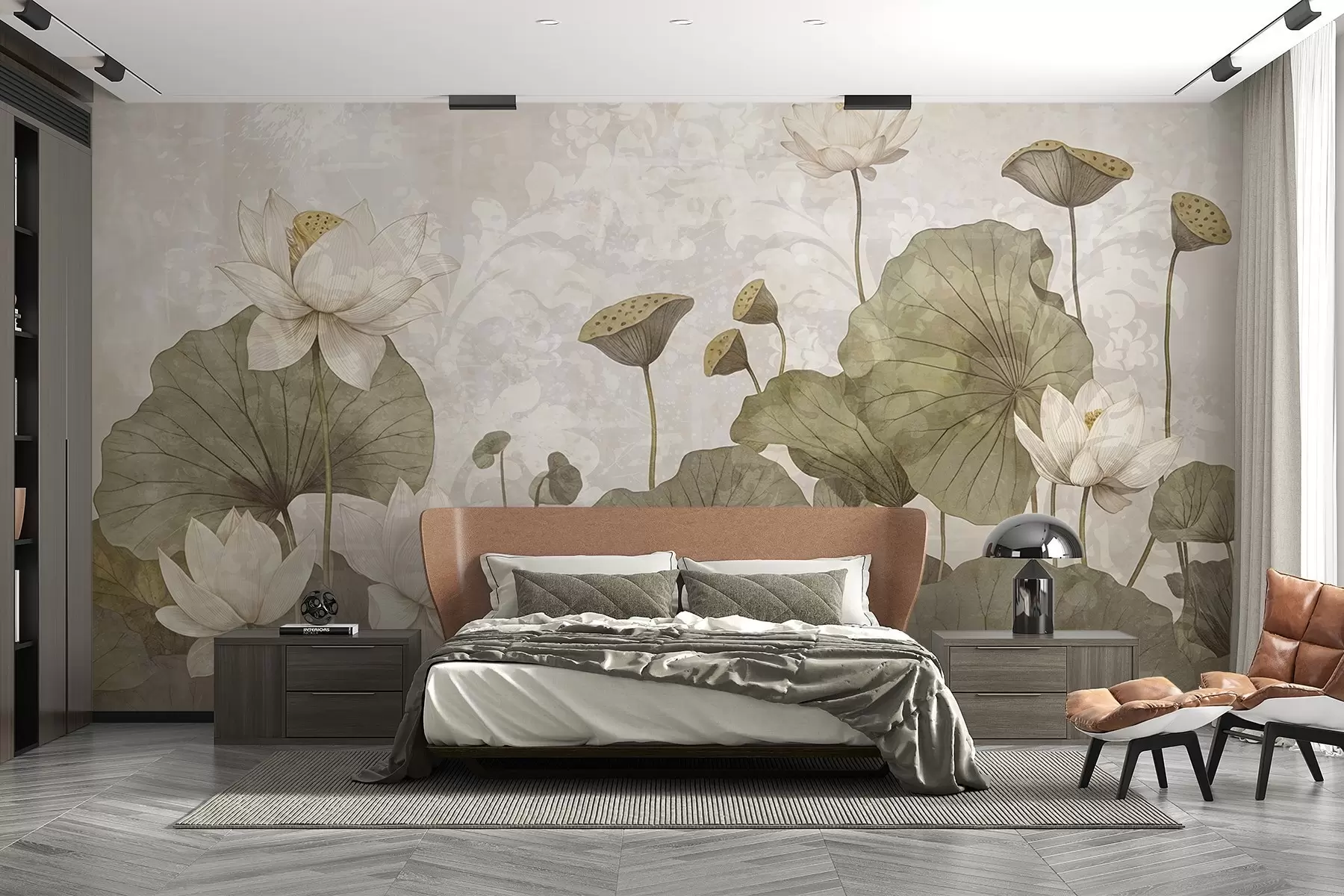 Fototapet Pole bílých lotosových květů s velkými zelenými listy na jemném, mlhavém béžovém pozadí w08527