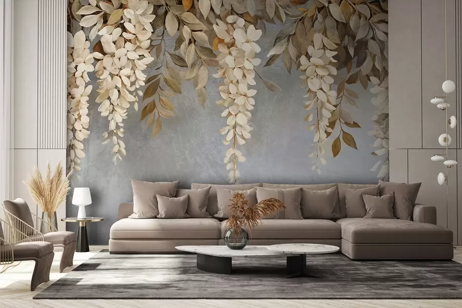 Fototapet Jemné bílé a světle béžové květy vistárie s listy kaskádovitě padajícími dolů na jemném šedém pozadí w08531