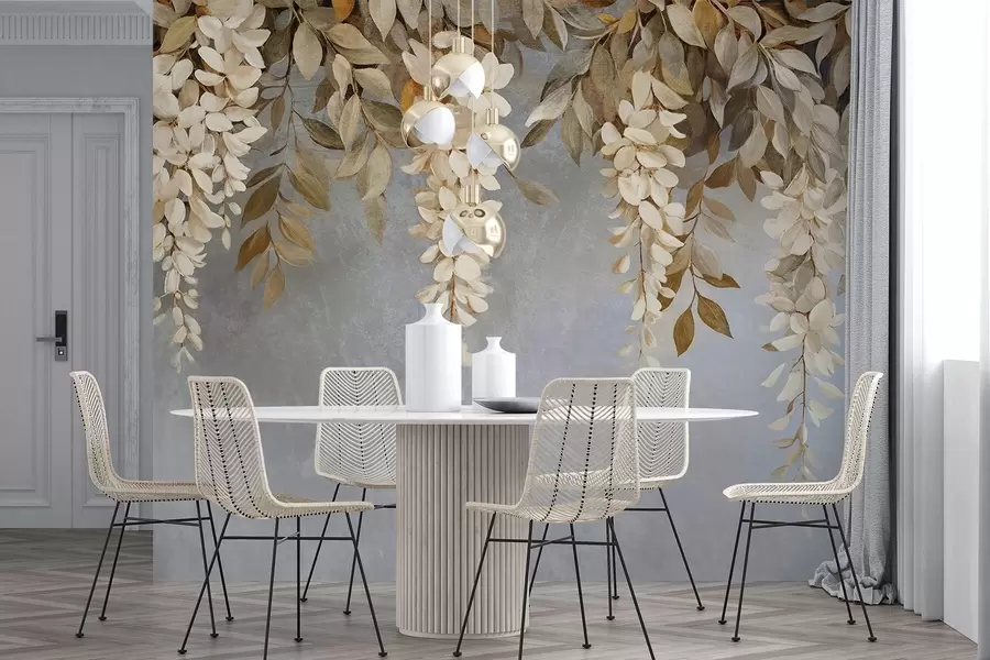 Fototapet Jemné bílé a světle béžové květy vistárie s listy kaskádovitě padajícími dolů na jemném šedém pozadí w08531