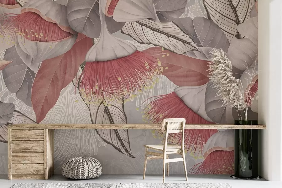 Fototapet Botanická ilustrace velkých květů eukaliptu s dlouhými tyčinkami na šedém a bílém pozadí w08539