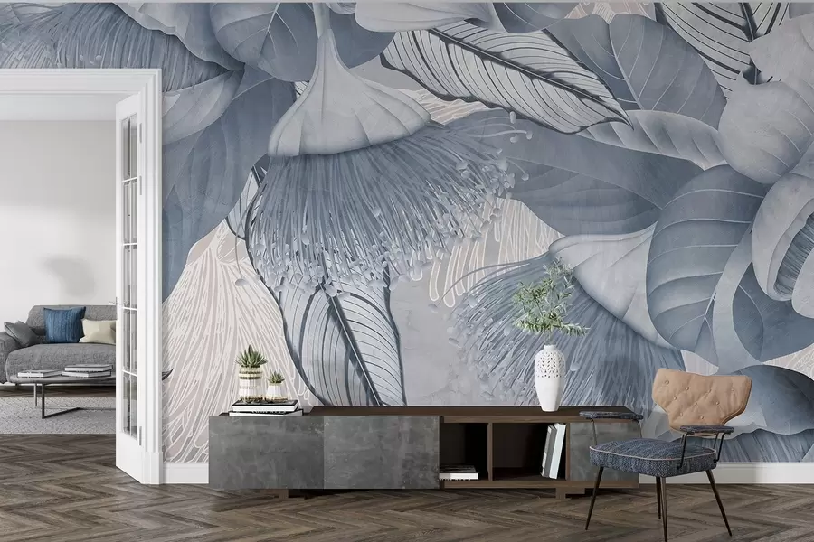 Fototapet Botanická ilustrace velkých modrých květů eukaliptu s dlouhými tyčinkami na šedém a bílém pozadí w08539v1