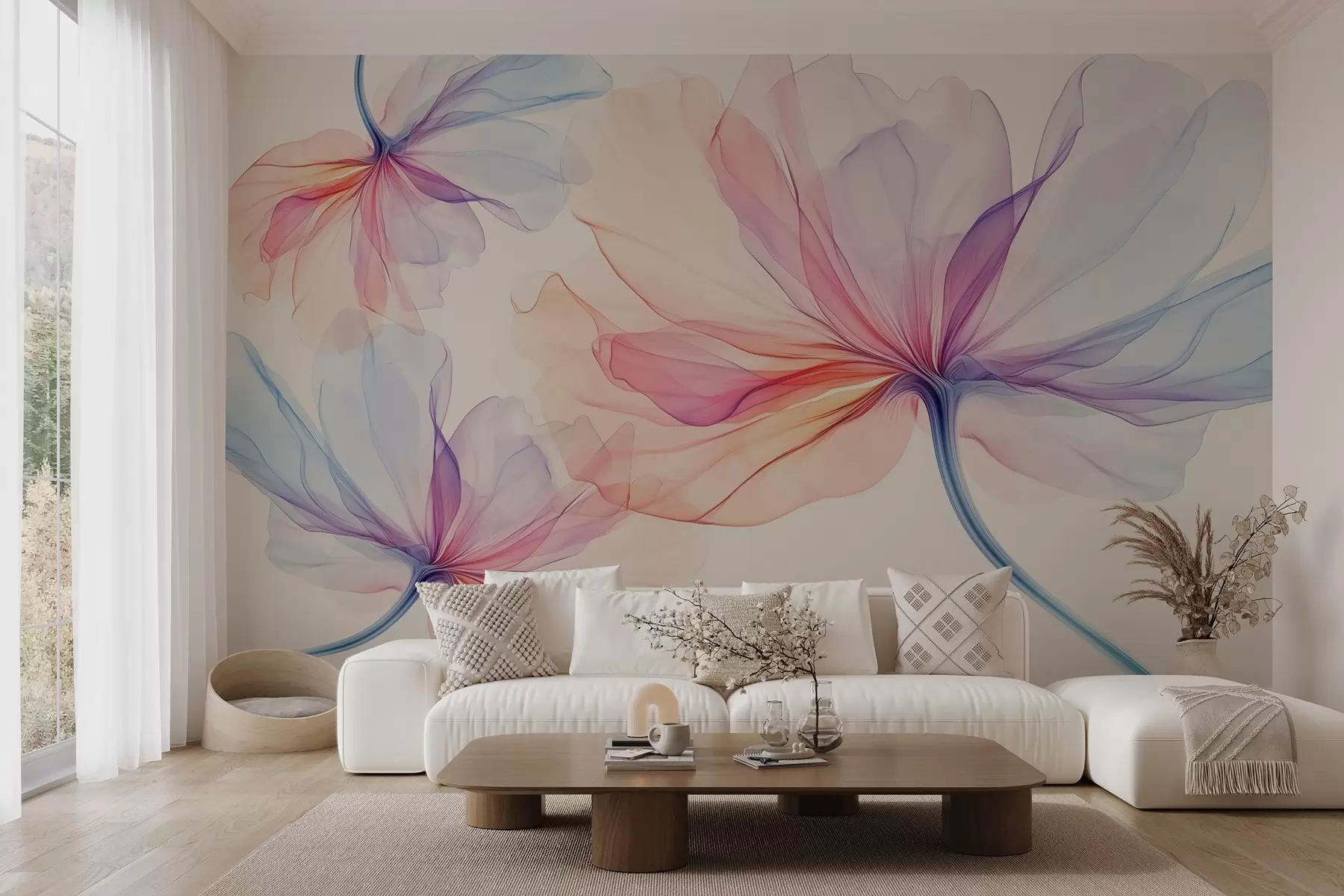 Fototapet čerstvé průhledné barevné květiny na béžovém pozadí w02631