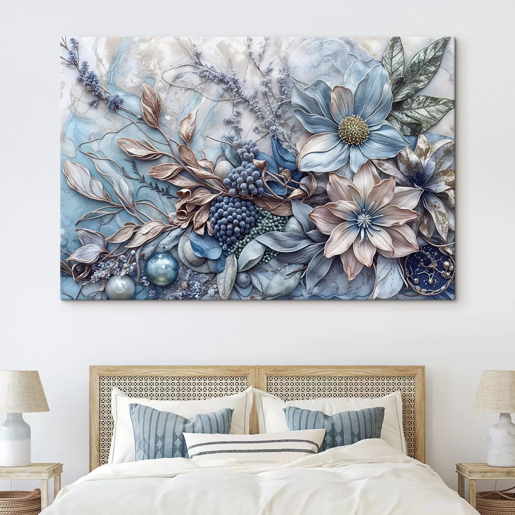 Fototapet Detailní texturovaná abstraktní svěží květina s velkými, zářivě modrými a růžovými květy, bobulemi a dalšími botanickými prvky  s42210