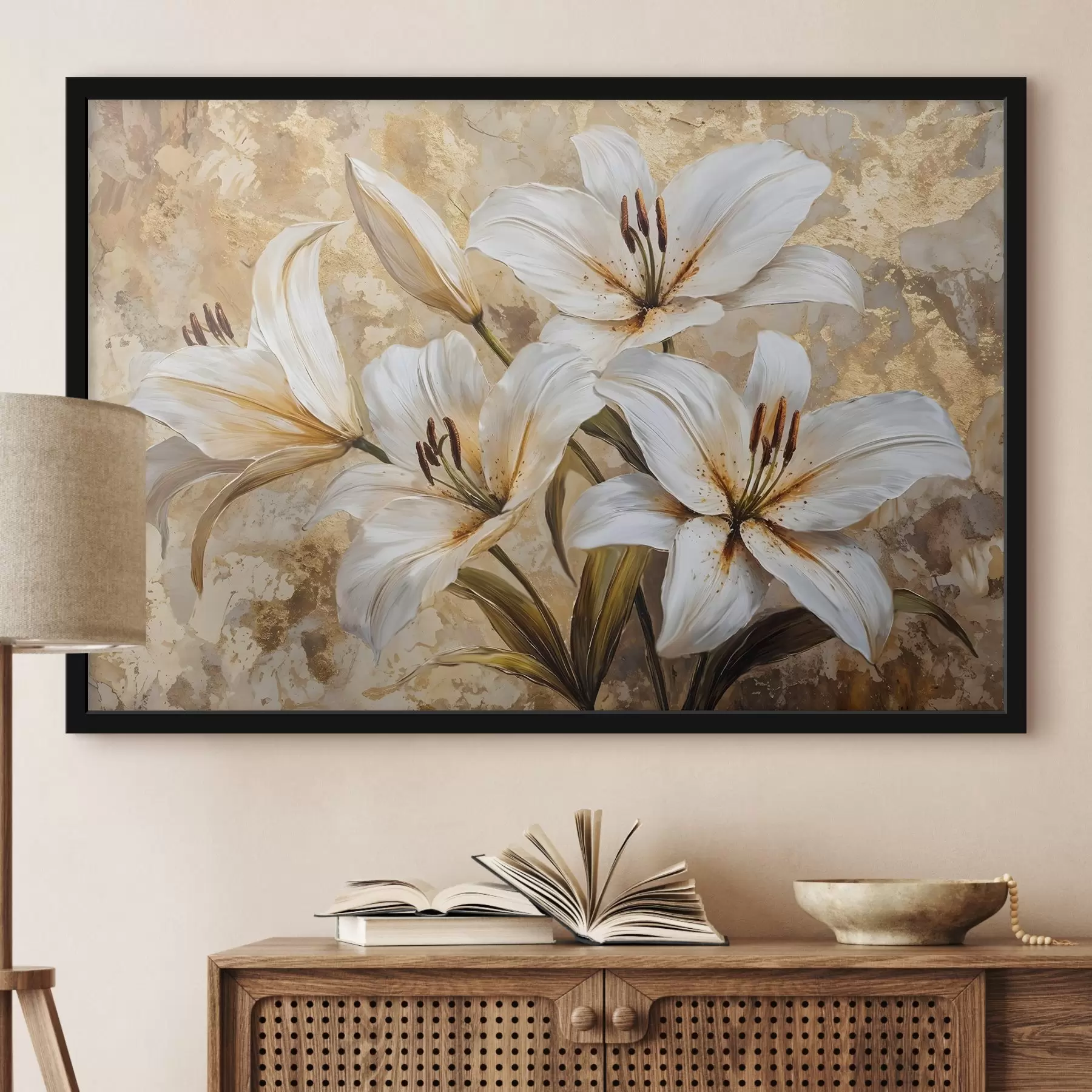 Fototapet Bílé lilie se žlutými středy na béžovém pozadí s texturou f42216